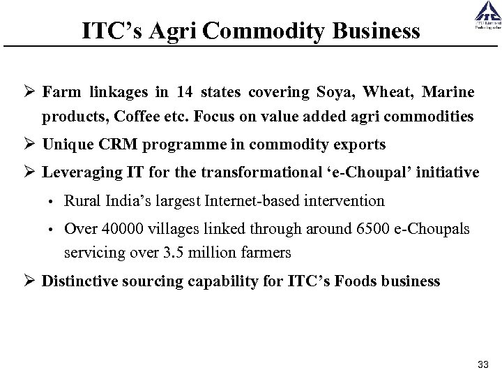 ITC’s Agri Commodity Business Ø Farm linkages in 14 states covering Soya, Wheat, Marine