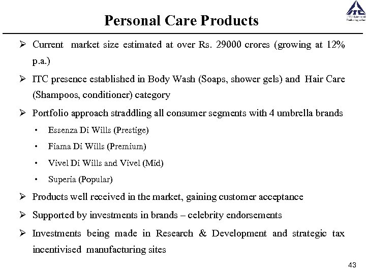 Personal Care Products Ø Current market size estimated at over Rs. 29000 crores (growing