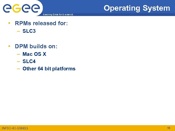 Operating System Enabling Grids for E-scienc. E • RPMs released for: – SLC 3