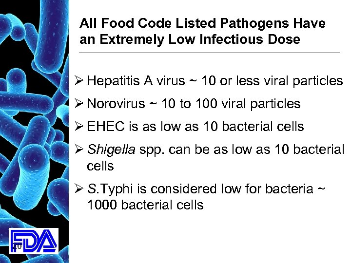 All Food Code Listed Pathogens Have an Extremely Low Infectious Dose Ø Hepatitis A