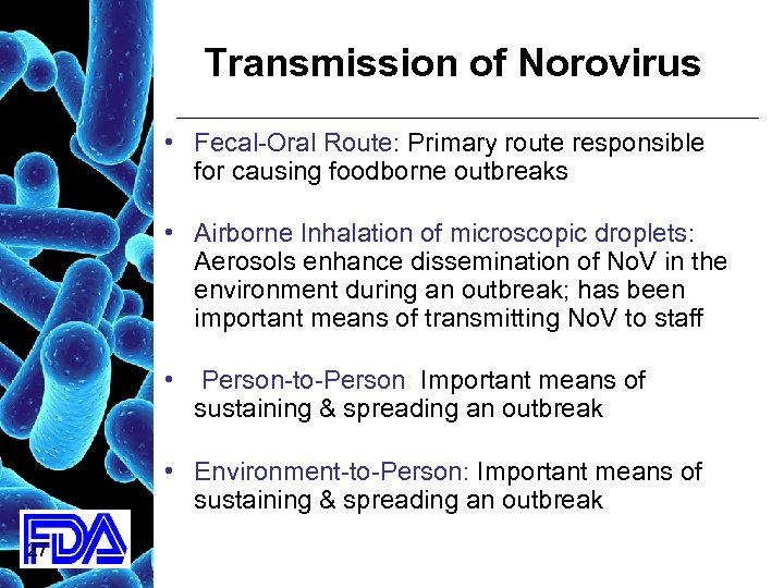 Transmission of Norovirus • Fecal-Oral Route: Primary route responsible for causing foodborne outbreaks •