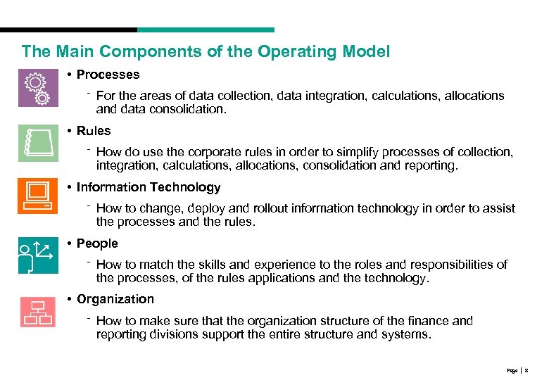 The Main Components of the Operating Model • Processes ⁻ For the areas of