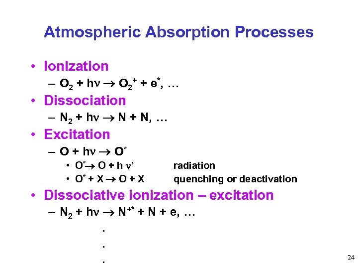 Atmospheric Absorption Processes • Ionization – O 2 + h O 2+ + e*,