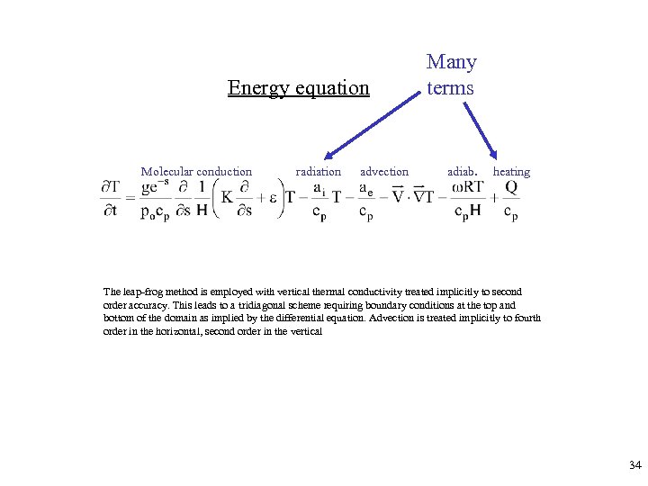 Energy equation Molecular conduction radiation advection Many terms adiab. heating The leap-frog method is