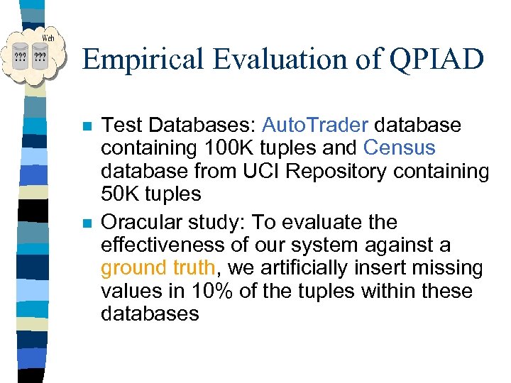 Empirical Evaluation of QPIAD n n Test Databases: Auto. Trader database containing 100 K