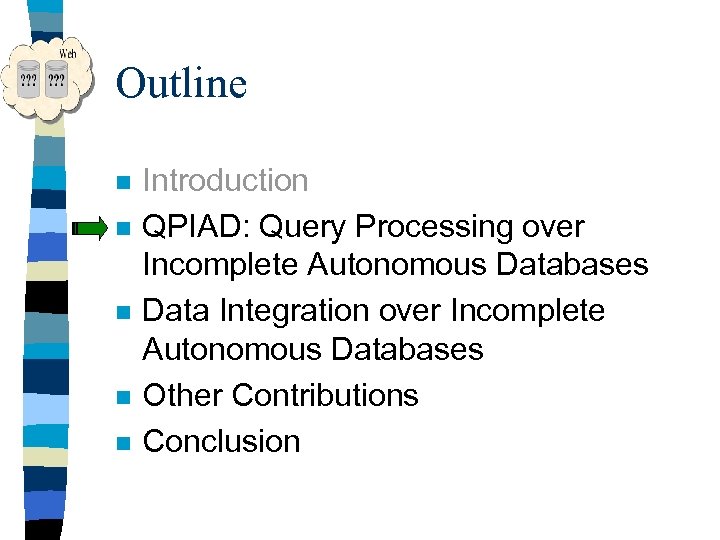 Outline n n n Introduction QPIAD: Query Processing over Incomplete Autonomous Databases Data Integration