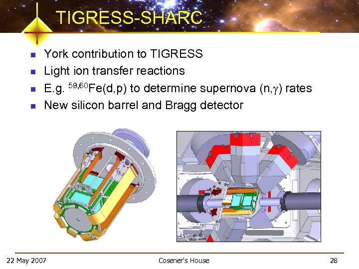 TIGRESS-SHARC n n York contribution to TIGRESS Light ion transfer reactions E. g. 59,