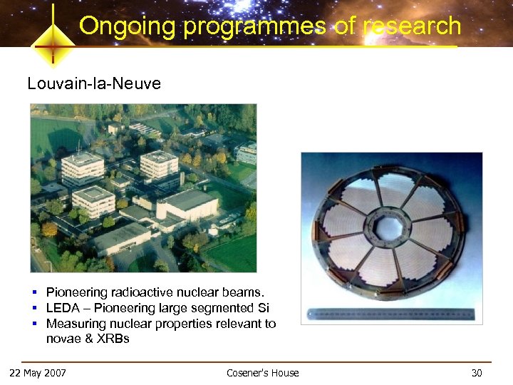 Ongoing programmes of research Louvain-la-Neuve § Pioneering radioactive nuclear beams. § LEDA – Pioneering