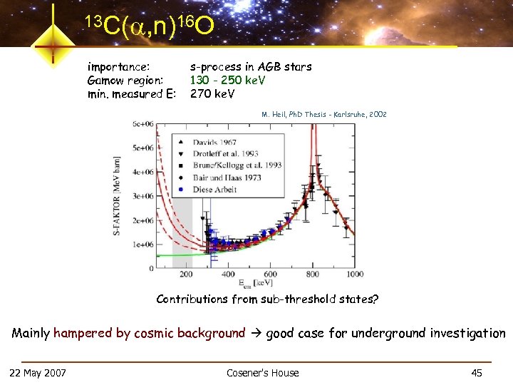 13 C( , n)16 O importance: Gamow region: min. measured E: s-process in AGB