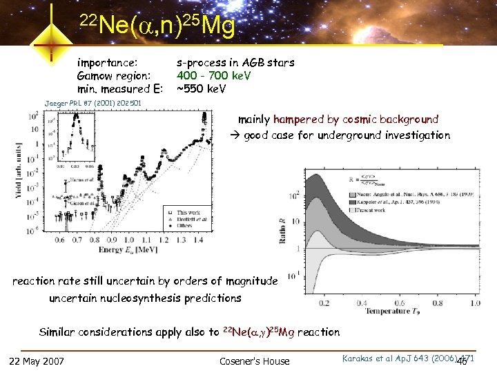 22 Ne( , n)25 Mg importance: Gamow region: min. measured E: s-process in AGB