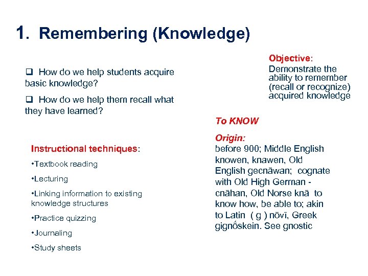 1. Remembering (Knowledge) Objective: Demonstrate the ability to remember (recall or recognize) acquired knowledge