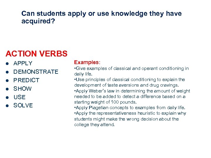 Can students apply or use knowledge they have acquired? ACTION VERBS l l l