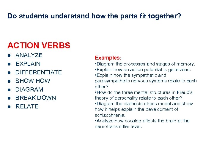 Do students understand how the parts fit together? ACTION VERBS l l l l