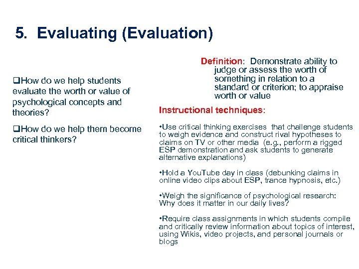 5. Evaluating (Evaluation) q. How do we help students evaluate the worth or value