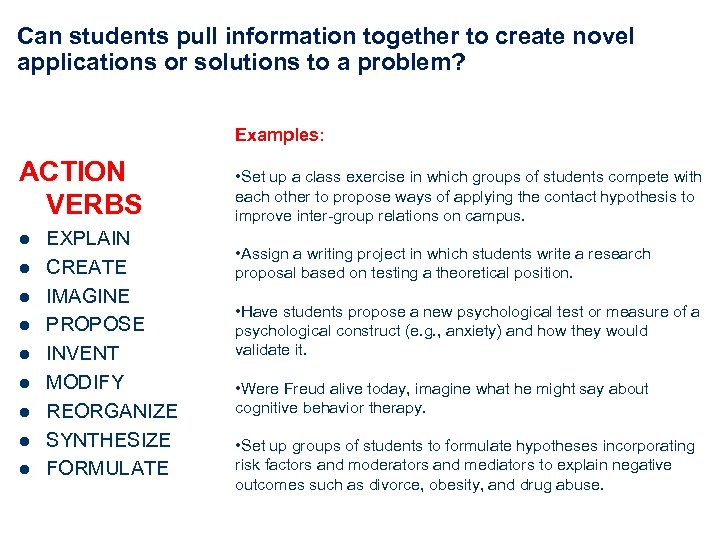 Can students pull information together to create novel applications or solutions to a problem?