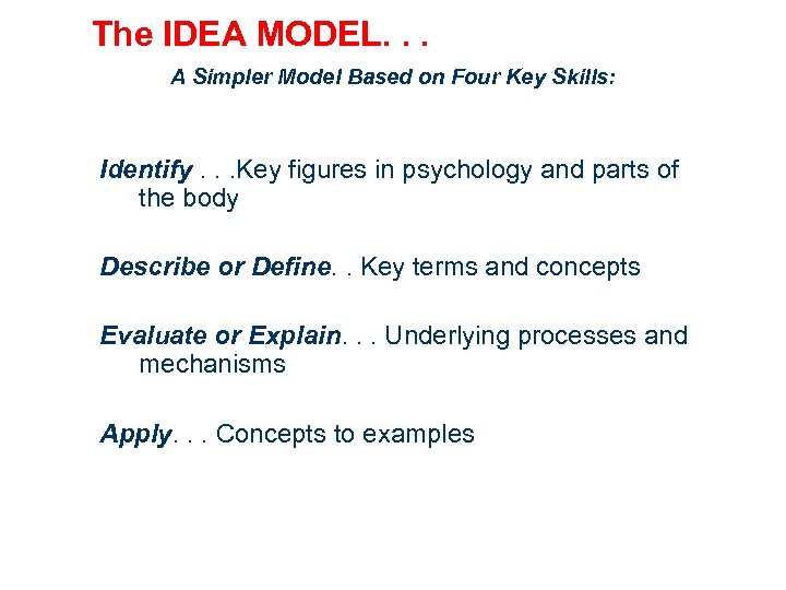 The IDEA MODEL. . . A Simpler Model Based on Four Key Skills: Identify.