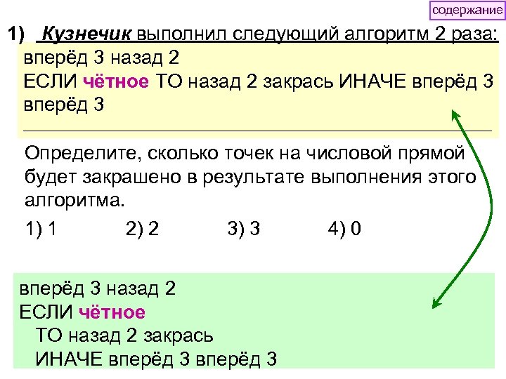 содержание 1) Кузнечик выполнил следующий алгоритм 2 раза: вперёд 3 назад 2 ЕСЛИ чётное