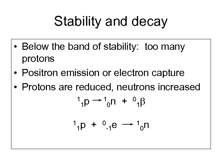 Stability and decay • Below the band of stability: too many protons • Positron