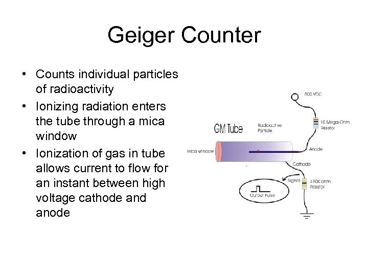 Geiger Counter • Counts individual particles of radioactivity • Ionizing radiation enters the tube