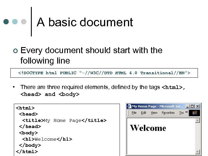 A basic document ¢ Every document should start with the following line <!DOCTYPE html