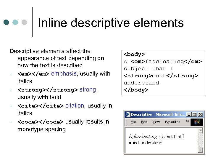 Inline descriptive elements Descriptive elements affect the appearance of text depending on how the