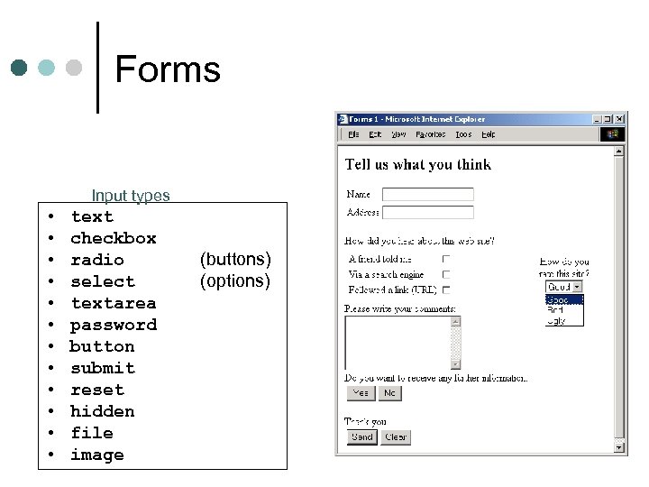 Forms Input types • • • text checkbox radio select textarea password button submit