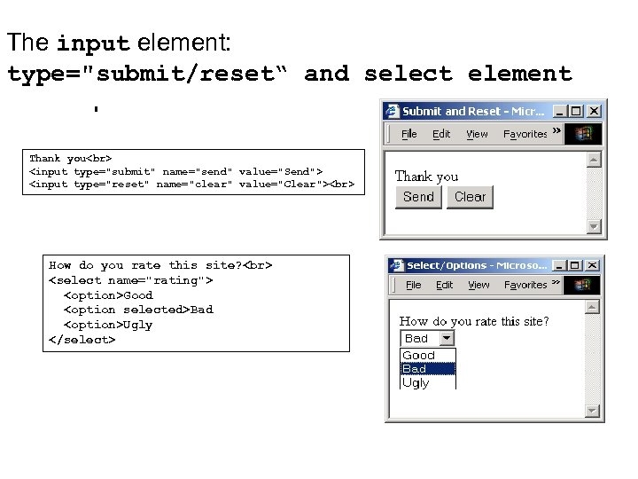 The input element: type="submit/reset“ and select element Thank you <input type="submit" name="send" value="Send"> <input