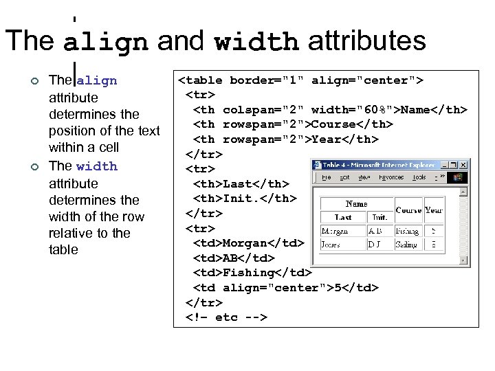 The align and width attributes ¢ ¢ The align attribute determines the position of