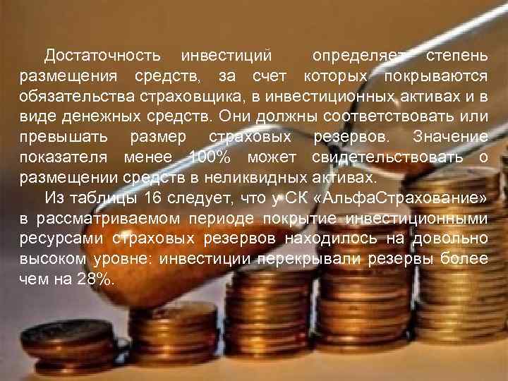 Достаточность инвестиций определяет степень размещения средств, за счет которых покрываются обязательства страховщика, в инвестиционных