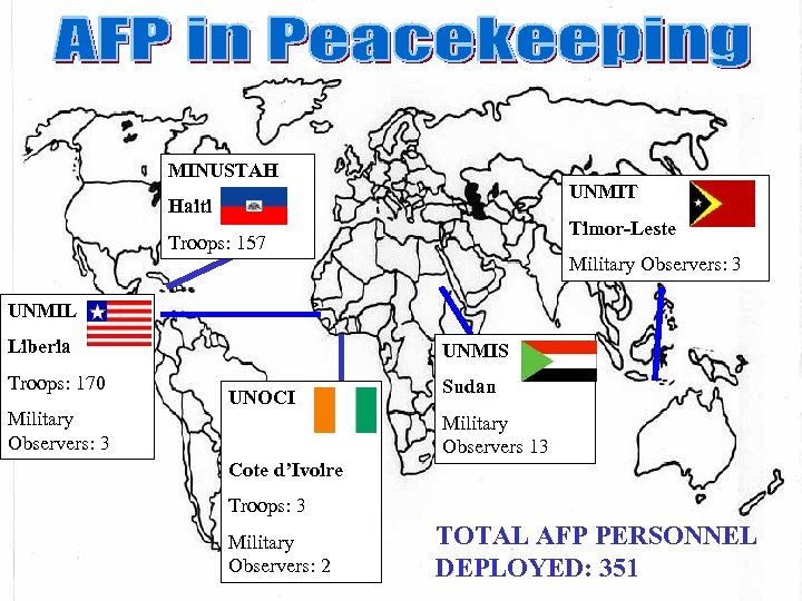 MINUSTAH UNMIT Haiti Timor-Leste Troops: 157 Military Observers: 3 UNMIL Liberia Troops: 170 Military