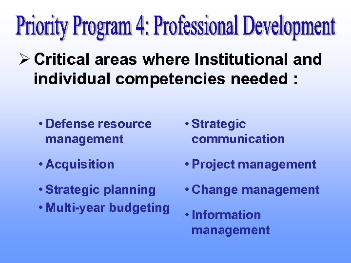 Ø Critical areas where Institutional and individual competencies needed : • Defense resource management