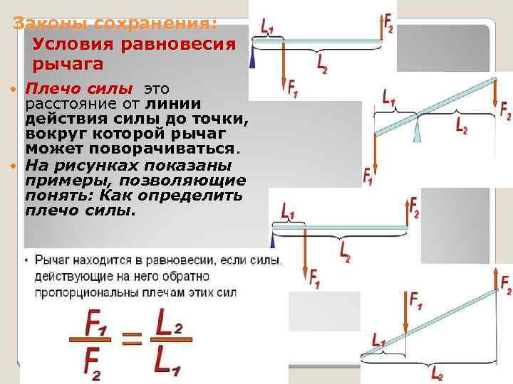 Законы сохранения: Условия равновесия рычага Плечо силы это расстояние от линии действия силы до