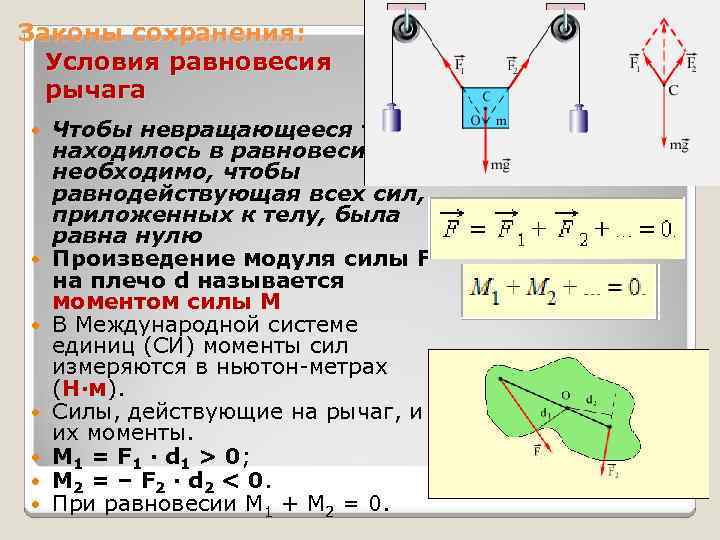 Законы сохранения: Условия равновесия рычага Чтобы невращающееся тело находилось в равновесии, необходимо, чтобы равнодействующая