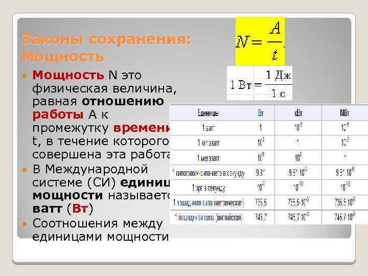 Законы сохранения: Мощность N это физическая величина, равная отношению работы A к промежутку времени