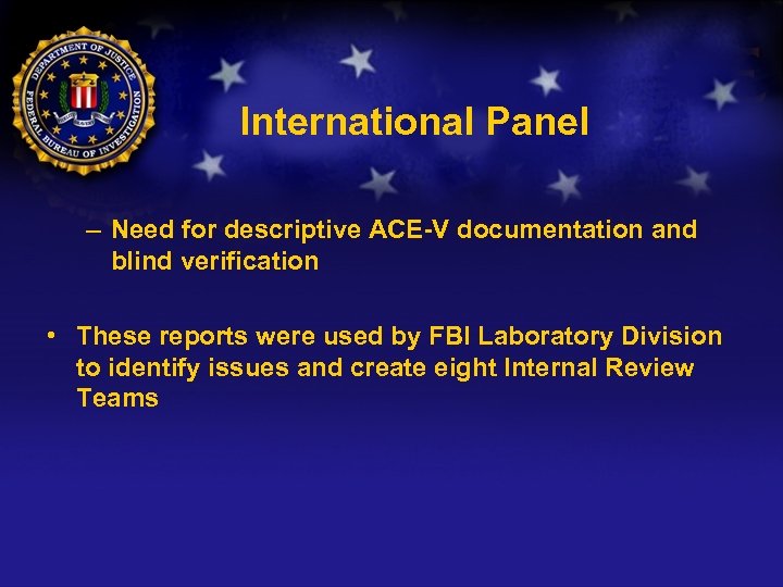 International Panel – Need for descriptive ACE-V documentation and blind verification • These reports