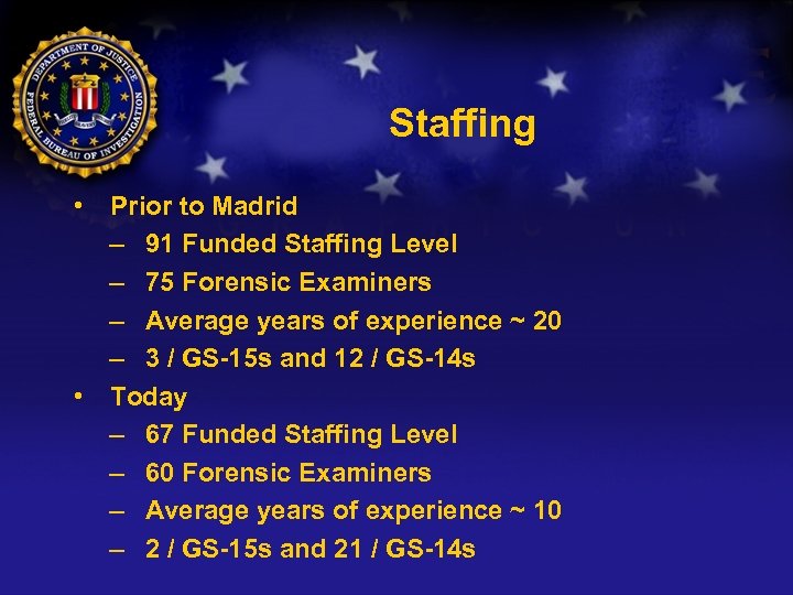 Staffing • Prior to Madrid – 91 Funded Staffing Level – 75 Forensic Examiners