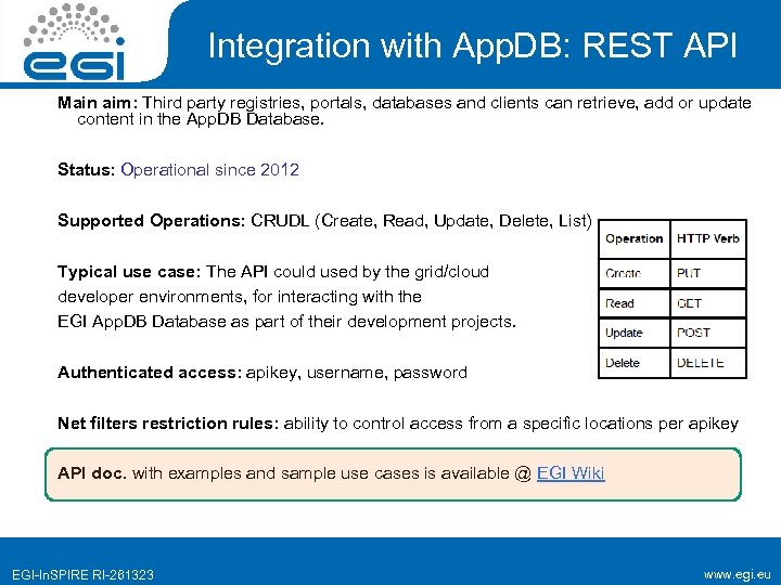 Integration with App. DB: REST API Main aim: Third party registries, portals, databases and