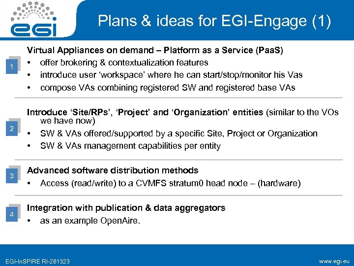 Plans & ideas for EGI-Engage (1) 1 Virtual Appliances on demand – Platform as
