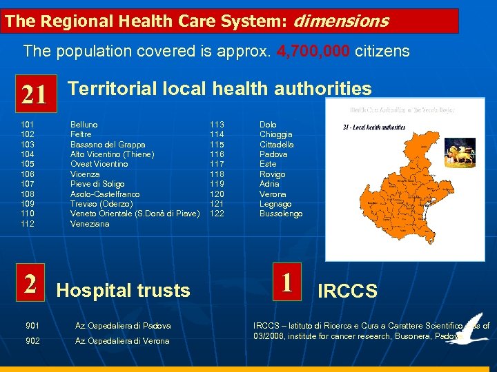 The Regional Health Care System: dimensions The population covered is approx. 4, 700, 000