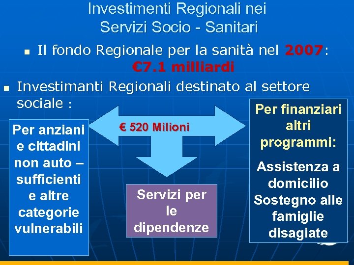Investimenti Regionali nei Servizi Socio - Sanitari Il fondo Regionale per la sanità nel