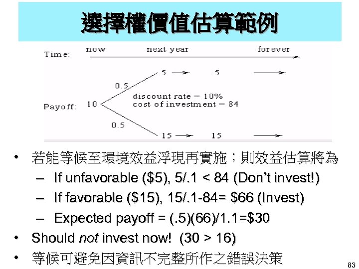 選擇權價值估算範例 • 若能等候至環境效益浮現再實施；則效益估算將為 – If unfavorable ($5), 5/. 1 < 84 (Don’t invest!) –