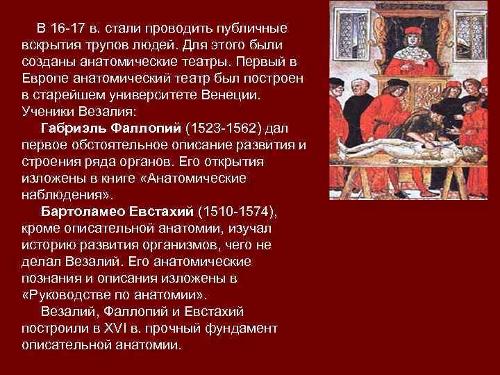  В 16 -17 в. стали проводить публичные вскрытия трупов людей. Для этого были