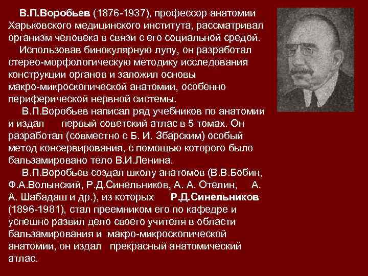  В. П. Воробьев (1876 -1937), профессор анатомии Харьковского медицинского института, рассматривал организм человека