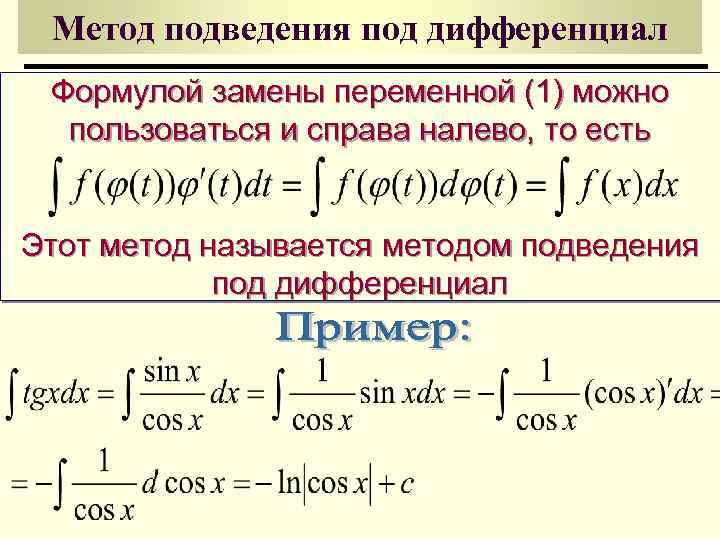 Метод подведения под дифференциал Формулой замены переменной (1) можно пользоваться и справа налево, то