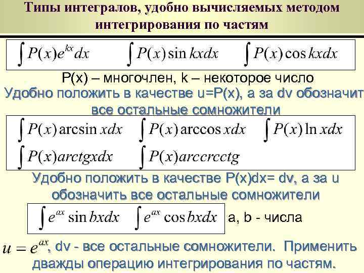 Типы интегралов, удобно вычисляемых методом интегрирования по частям P(x) – многочлен, k – некоторое