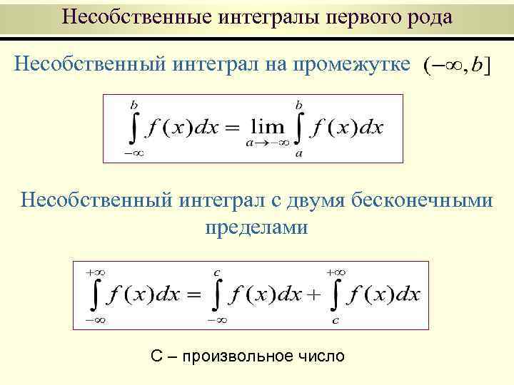 Несобственные интегралы первого рода Несобственный интеграл на промежутке Несобственный интеграл с двумя бесконечными пределами