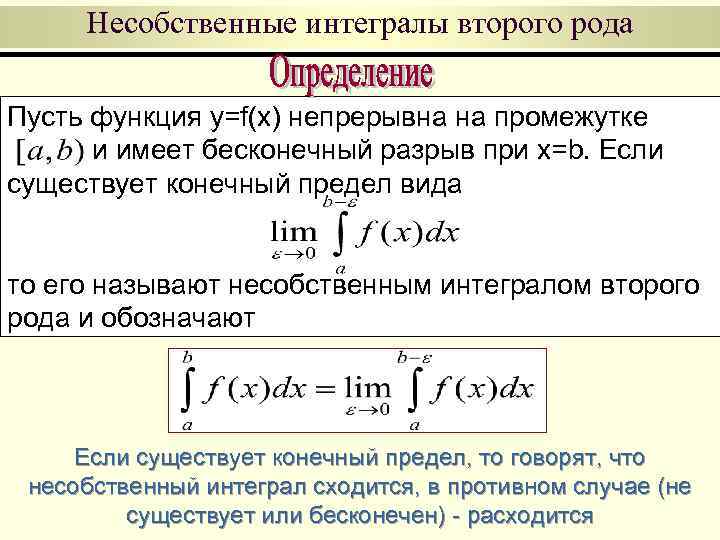 Несобственные интегралы второго рода Пусть функция y=f(x) непрерывна на промежутке и имеет бесконечный разрыв