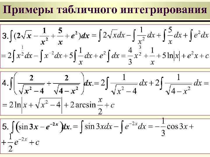 Примеры табличного интегрирования 3. 4. 5. 