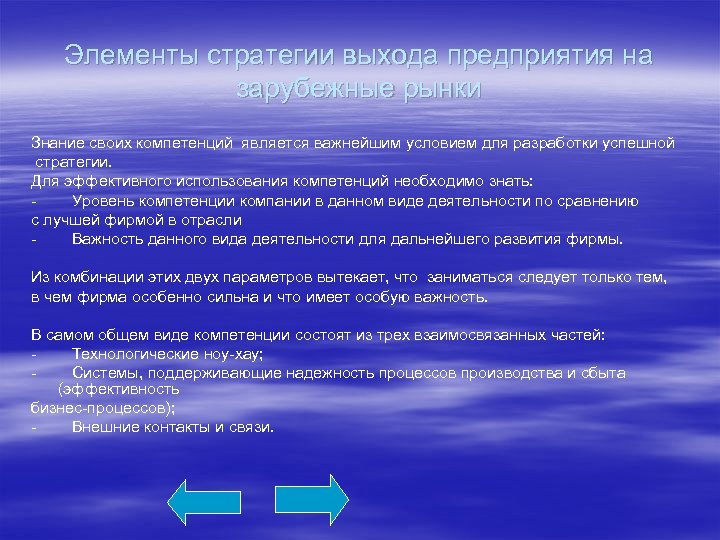 Элементы стратегии выхода предприятия на зарубежные рынки Знание своих компетенций является важнейшим условием для