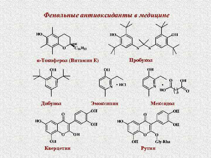 Фенольные антиоксиданты в медицине α-Токоферол (Витамин Е) Дибунол Кверцетин Эмоксипин Пробукол Мексидол Рутин 